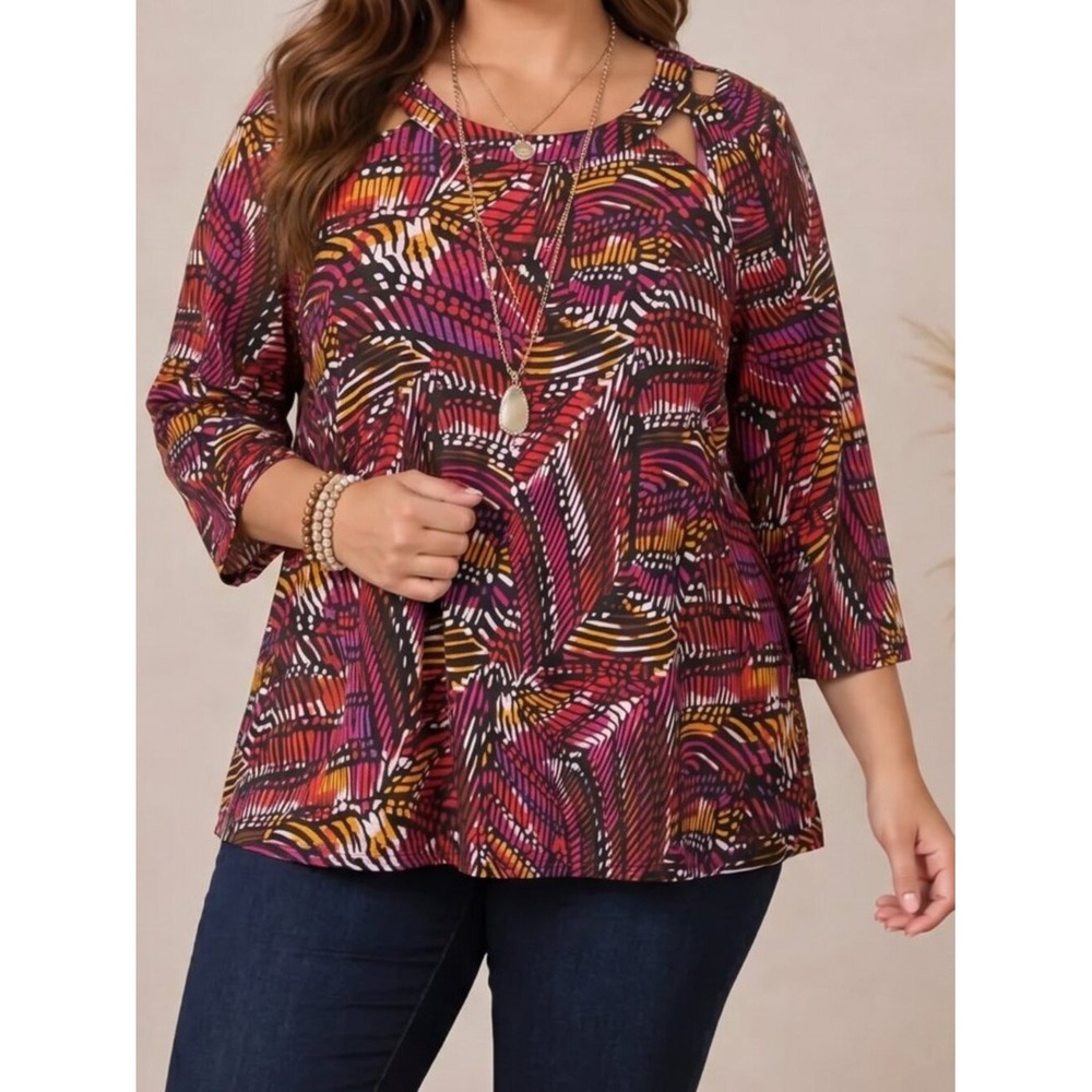 Jones Studio Plus Size Office Bold cut out shoulder blouse top 2X Multicolor